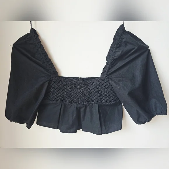 PINKO CROP Black Peplum Top Puffed Sleeve Darts Woven Square Size 2 170/80A - Picture 7 of 12